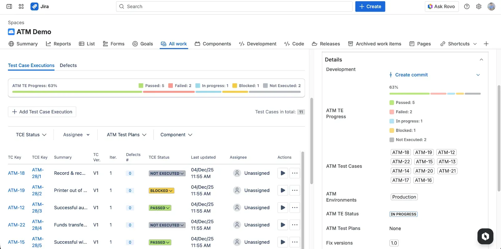 Test Execution view in Appsvio ATM
