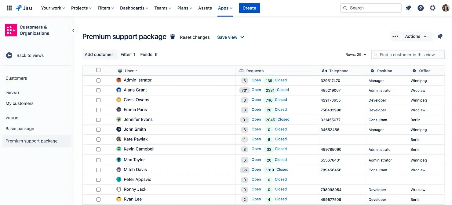 Customers view with filters and saved views