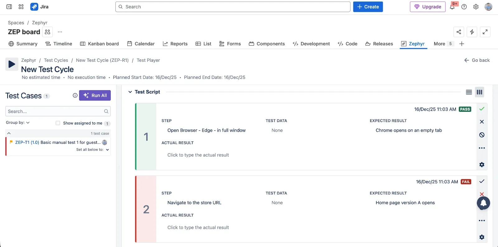Test Execution view in Zephyr