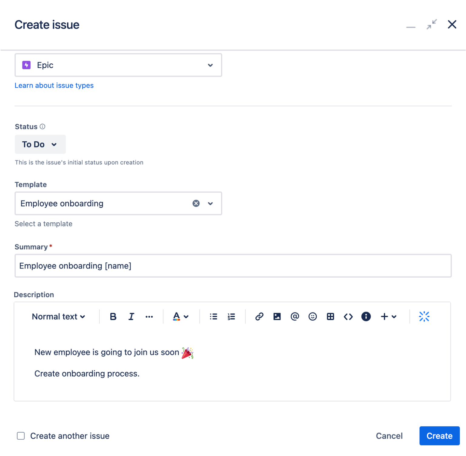 jira issue templates epic