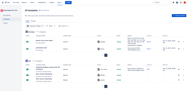 List of repeating tasks in Scheduled Templates for Jira