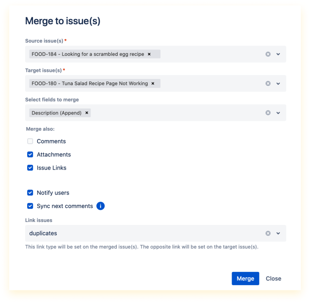 Merge to dialog available on every issue