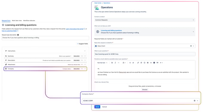 Screenshot of a Jira Service Management request form showing HubSpot CRM data fields like company name integrated into licensing and billing questions.