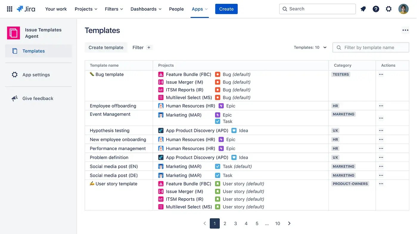 Issue Templates Agent - Templates List
