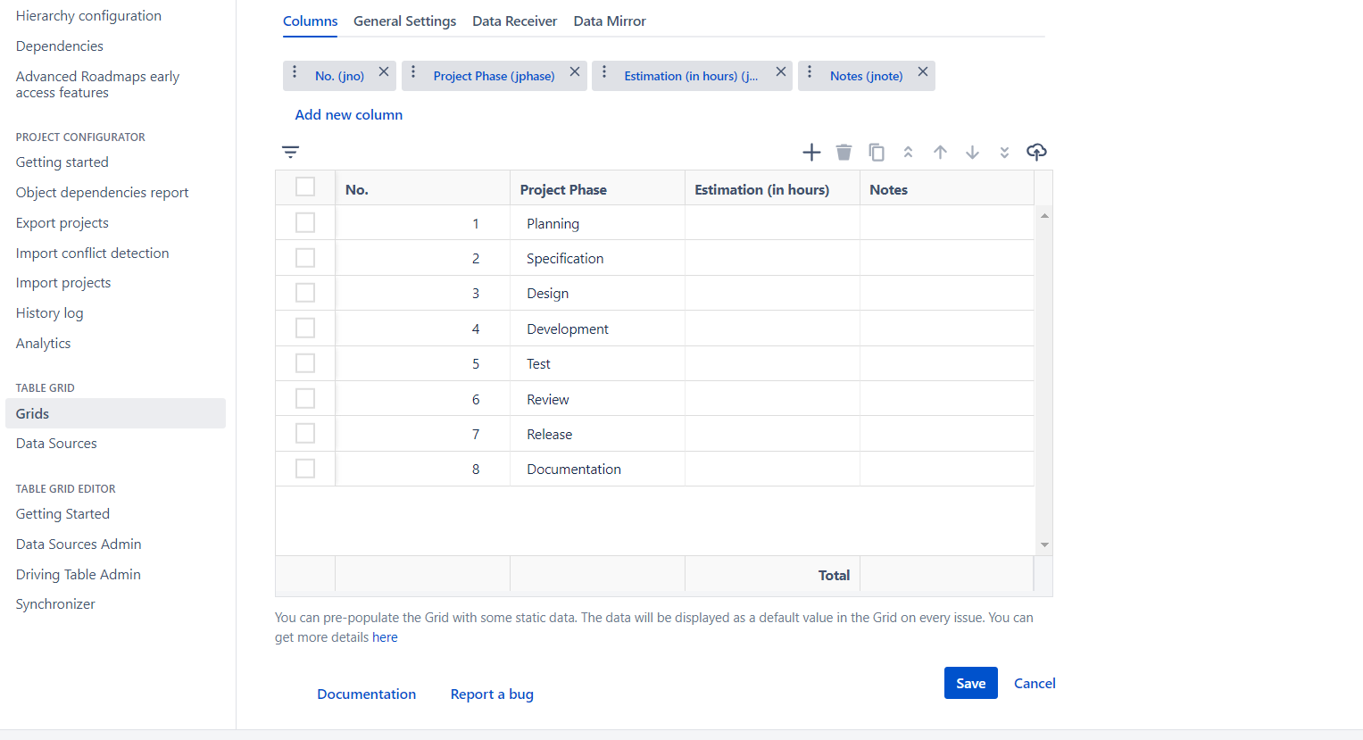 Table Grid - configuration