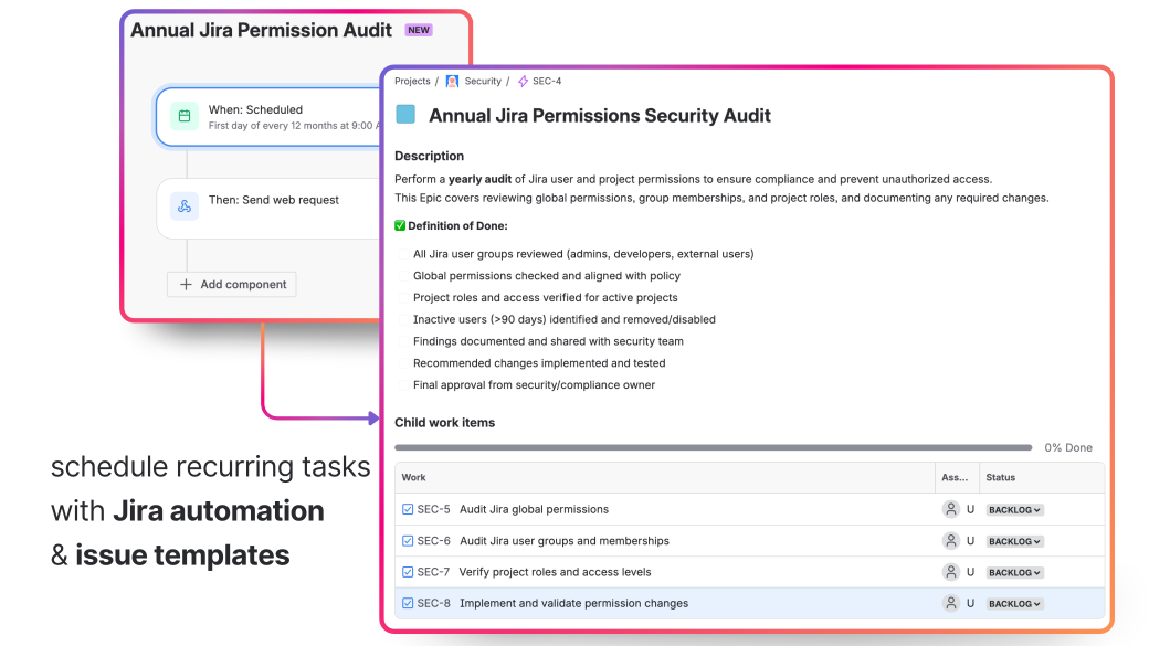 Example of automatic application of Jira issue templates with Jira automation for faster task creation.