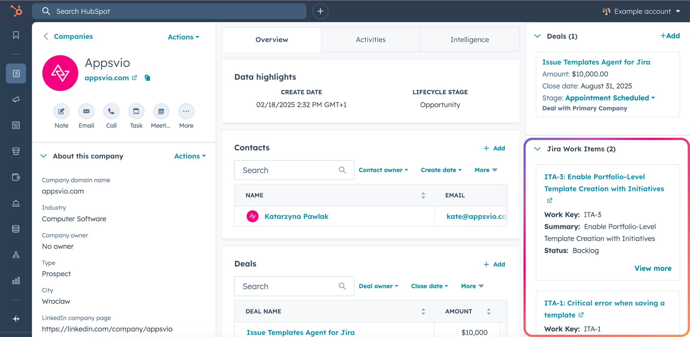 Jira Work Items in HubSpot View
