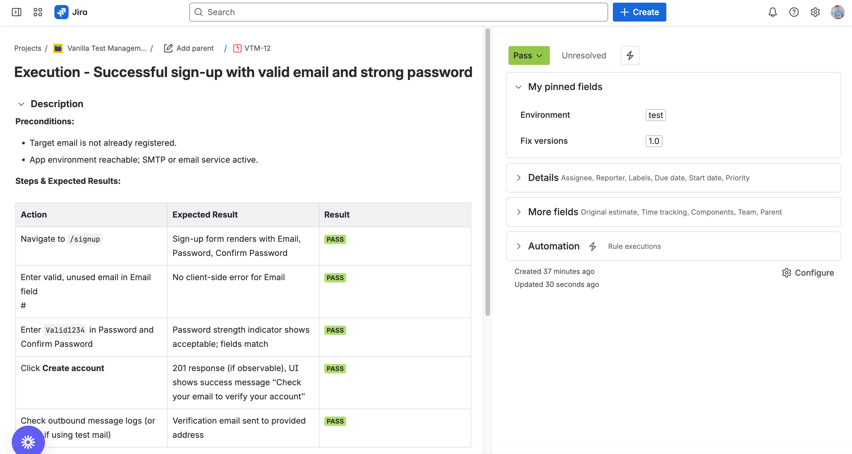 Test Execution work item created and updated with the help of Jira Automation.