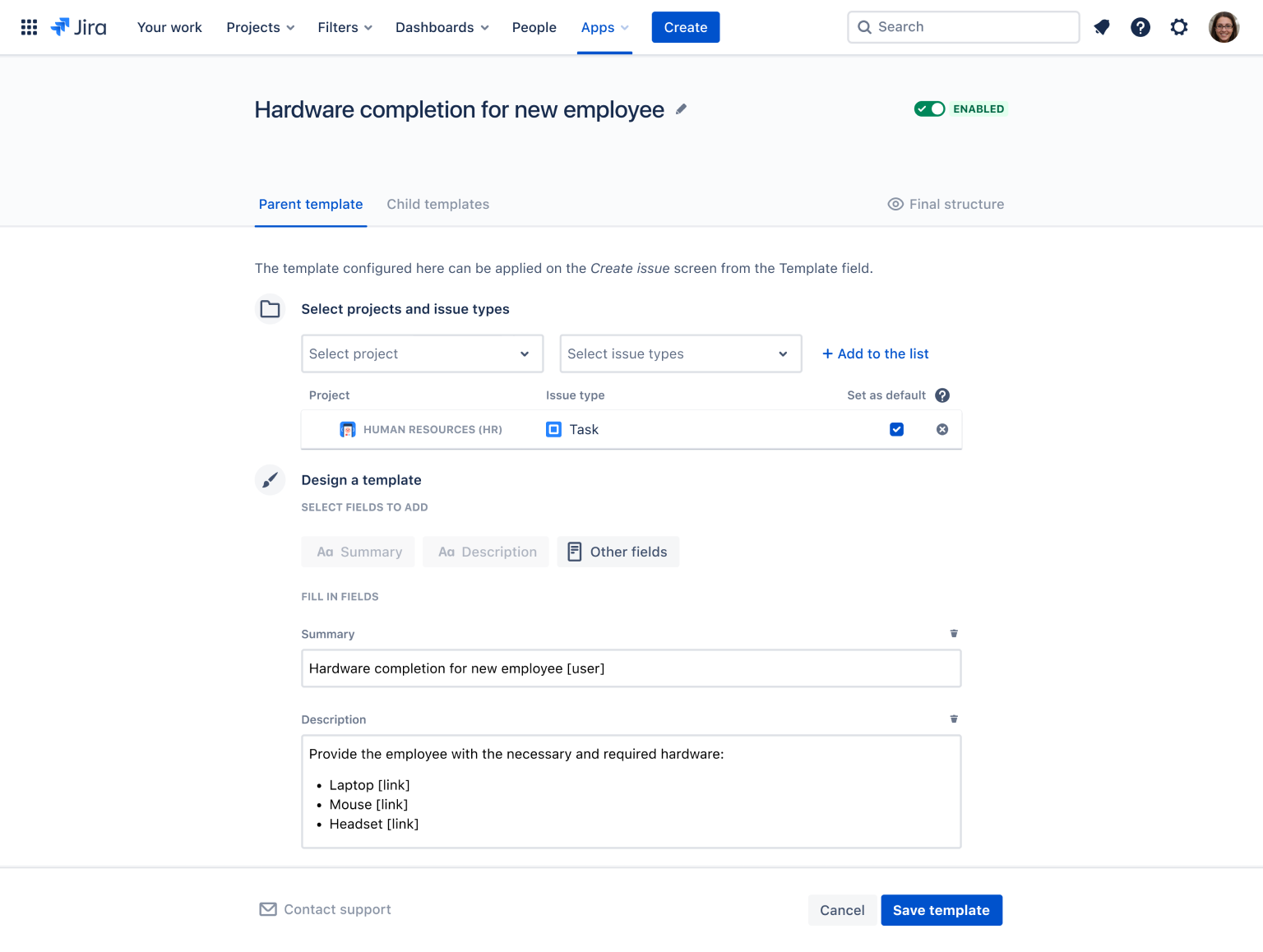 jira issue templates subtasks