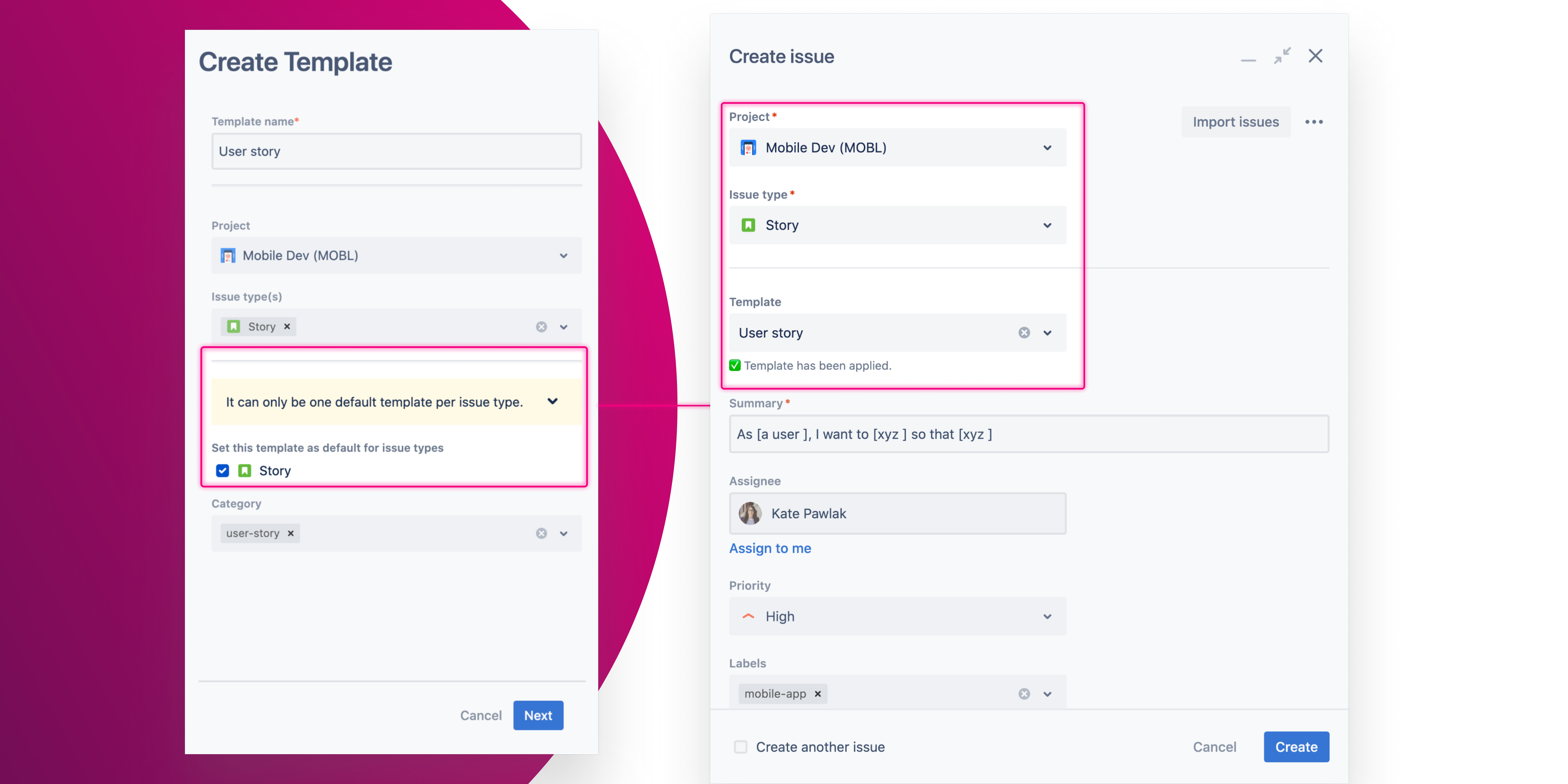 Set up as default feature – Issue Templates Agent for Jira 