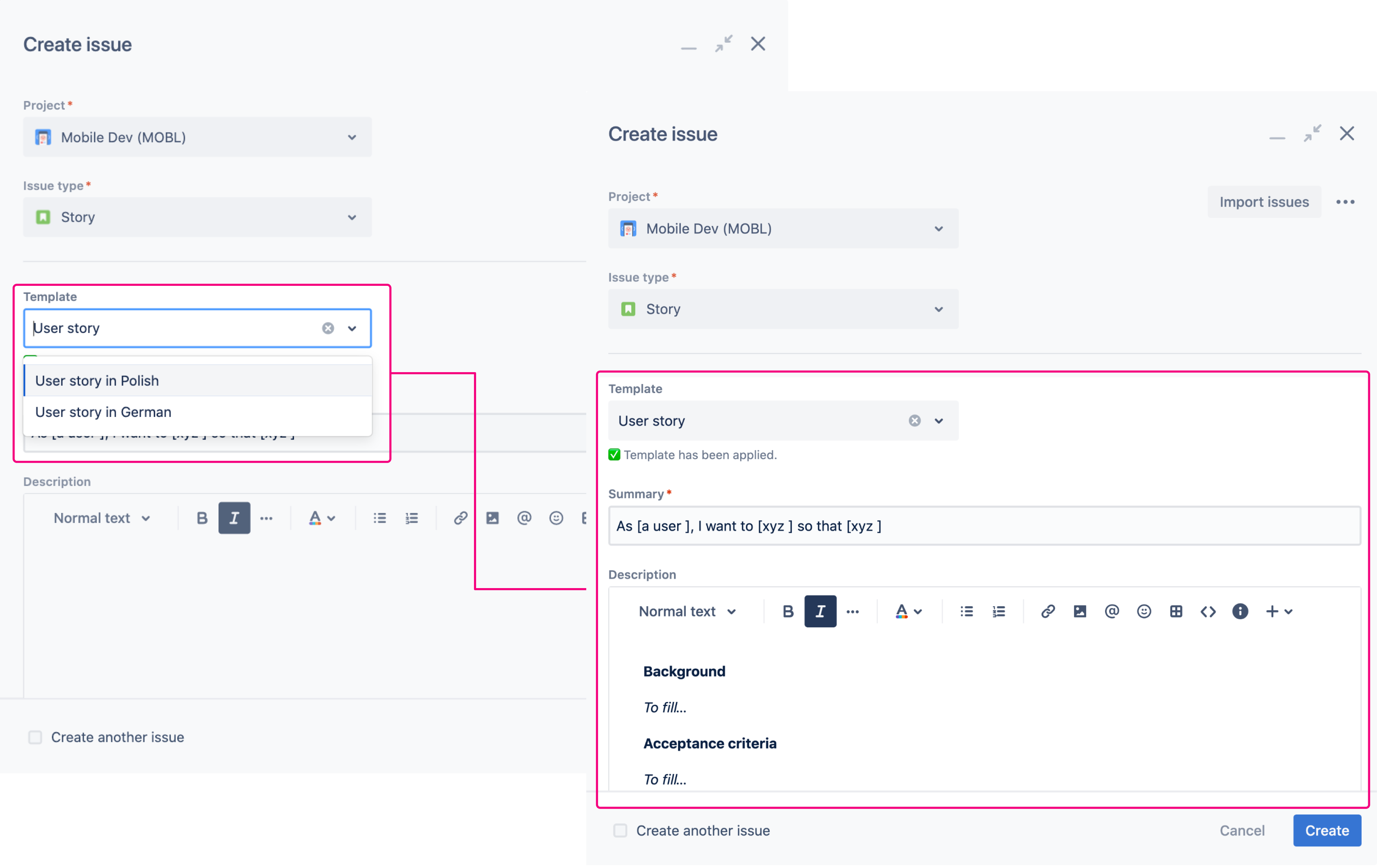 Jira issue templates on create issue
